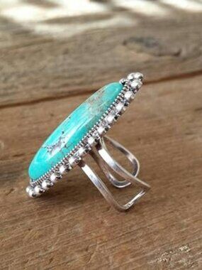 New Bohemian Turquoise Oval Flower Rings Geometric Natural Stone Adjustable